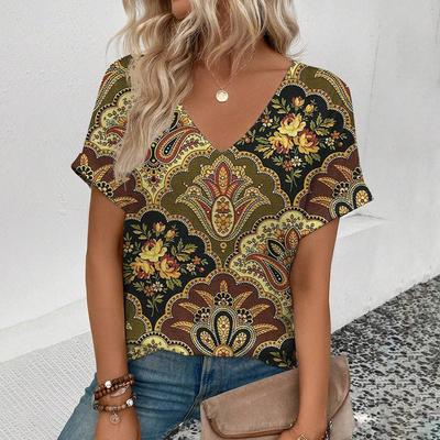 Dámské tričko s krátkým rukávem Retro Dámské tričko Nadměrný ležérní top Pulovr Letní výstřih do V Potisk Top Volné Streetwear Oblečení