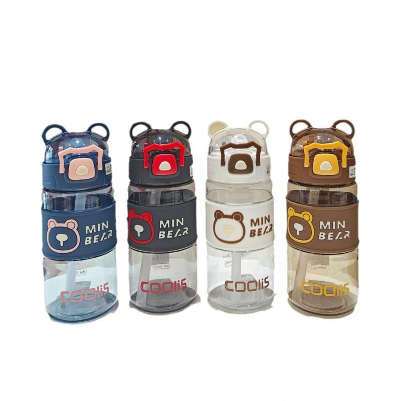 Garrafa de Água Fofa de Urso para Crianças com Canudo 500ml Copo de Plástico Portátil Estudantes Material de PC Livre de BPA Tampa Flip à Prova de Vazamentos