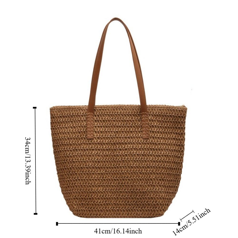 Bohemian Style Zipper Beach Bag Solid Color Hollow Tote Bag Trendy Weave Straw Bag  Spring