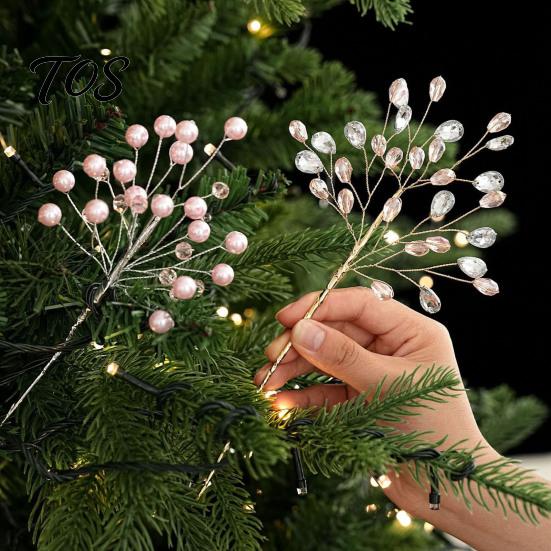 Elegant Mantlepiece Display Accents Faux Crystal Christmas Tree Picks with Bendable Wire, Acrylic Pearl Sprays Festive Bouquet Filler Strands