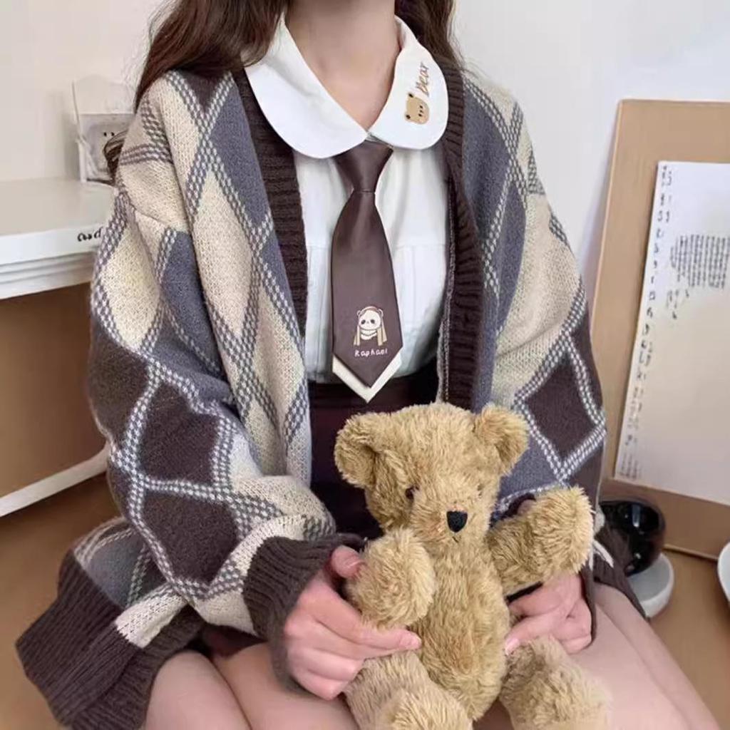 Women's Retro Japanese Argyle Sweater - Loose Fit, Soft Knit Cardigan for Autumn and Winter