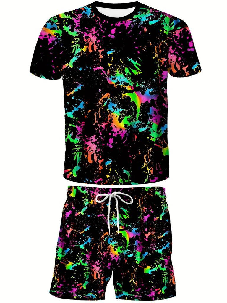 Strandhaus-Stil Strahlender Heiligenschein Graffiti Ganzkörper Digitaldruck Pullover Rundhals T-Shirt Und Strandhosen Set