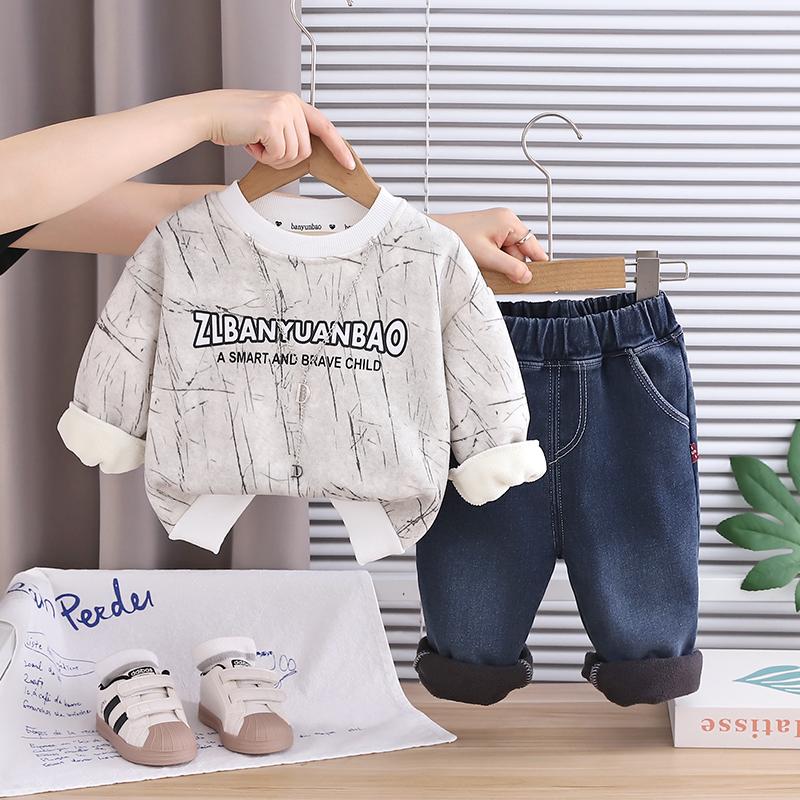 Boys' long sleeved 2-piece set, Children's autumn and winter round neck Letter printed fleece hoodie set