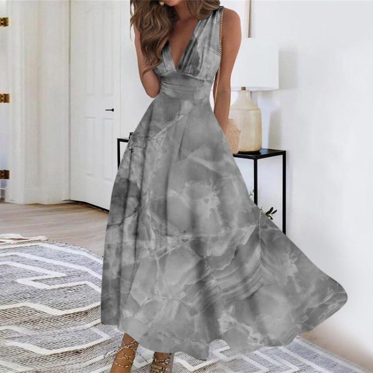 Women's Boho Summer Maxi Dress Casual Sleeveless V Neck Waist Retraction Printed Long Dress