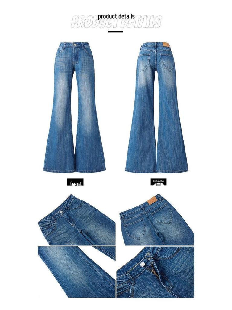 Women's Washed Low-Waist Dark Blue Micro-Flare Jeans - Bamboo Texture, Autumn Versatile, Comfortable Fit