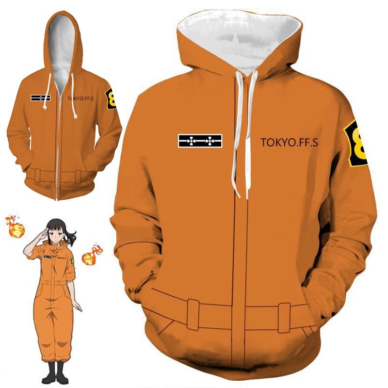 Fire Force Anime Men Hooded Zipper Sweatershirts Hoodie Pullover Cosplay Costume