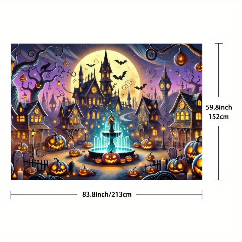 A Halloween Town Photography Background Mysterious Gothic Architecture and Glowing Pumpkins Full Moon