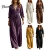 Bohemian Fall Dress Women V-Neck Lace for Fall, 3/4 Sleeves Maxi with Long Sleeve Belt, Solid Color Loose Casual Vacation Daily Wear