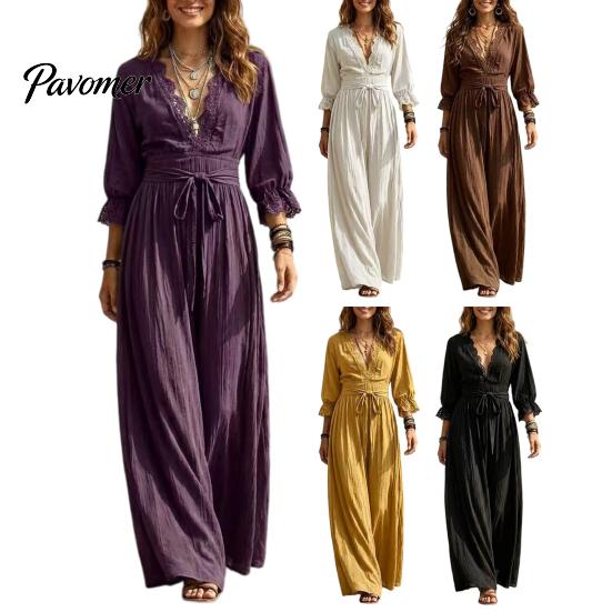 Bohemian Fall Dress Women V-Neck Lace for Fall, 3/4 Sleeves Maxi with Long Sleeve Belt, Solid Color Loose Casual Vacation Daily Wear