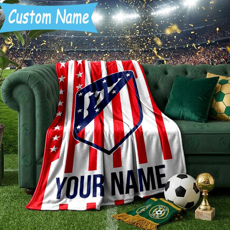 Custom Name Atletico Madrid Crest Flannel Blanket, Use for Birthday/Holiday Gift, Soft Blanket for Sofa/Bed/Camping/Office, Home Decor
