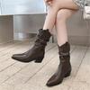 Fashion New Autumn Winter Split Leather Women Boots Fashion Pleated Square Toe Knight Boots for Women Chunky Heel Mid-calf Boots Shoes