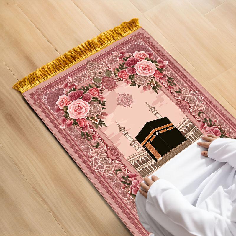 Floral Tassel Prayer Rug, Lightweight Portable Non-Slip Prayer Mat, Islamic Worship Rug for Home Decor