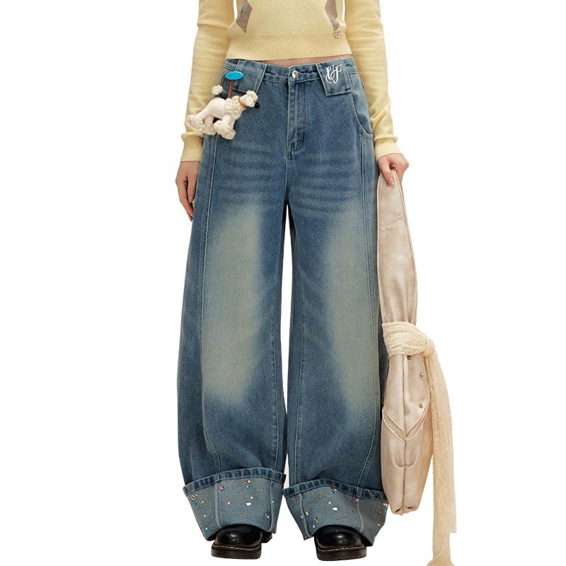 

UNIFREE Women s Retro Washed Distressed Wide-leg Jeans L