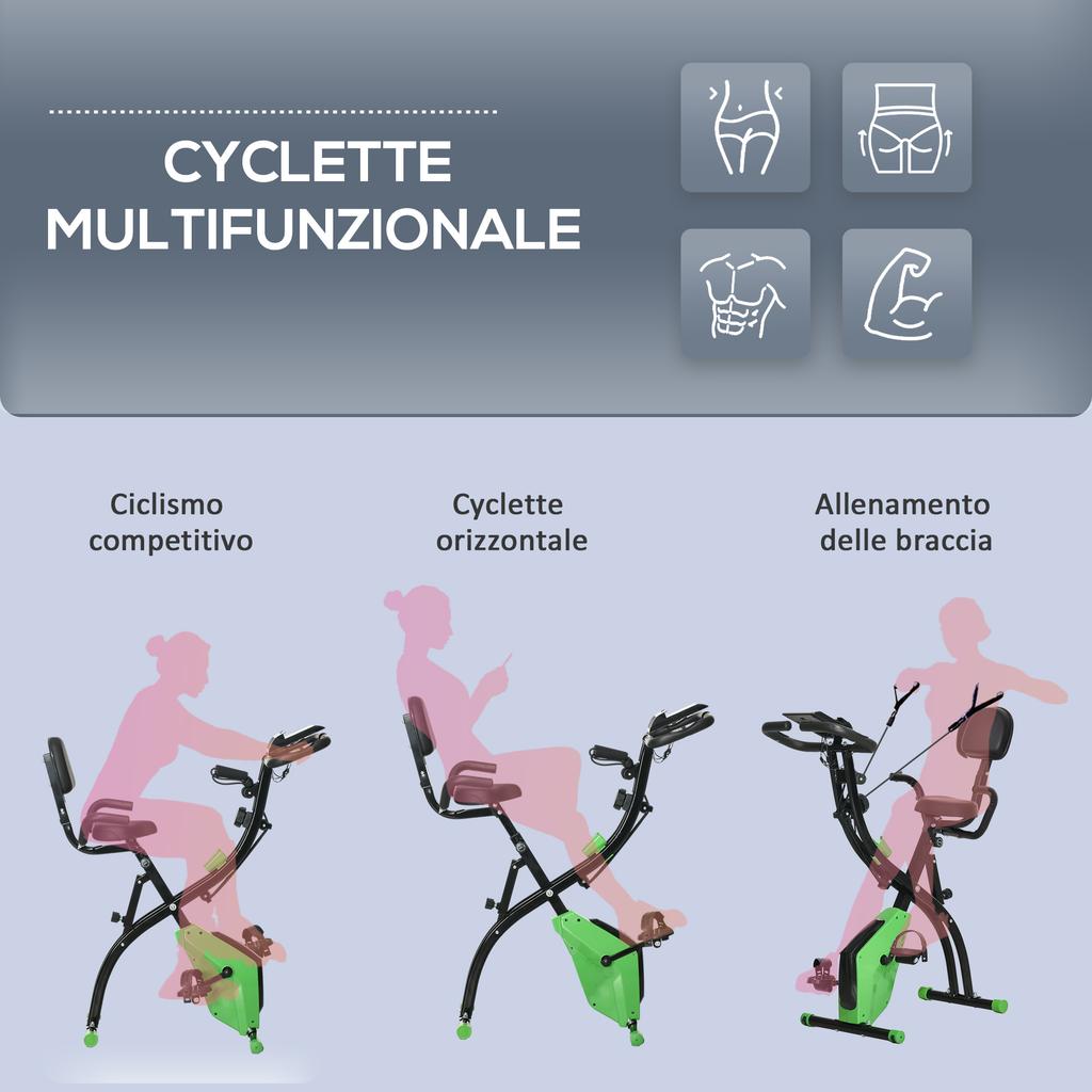 Cyclette Pieghevole 2-in-1 con Resistenza Magnetica a 8 Livelli, Elastico per Braccia, Sensore di Battito Cardiaco, Verde