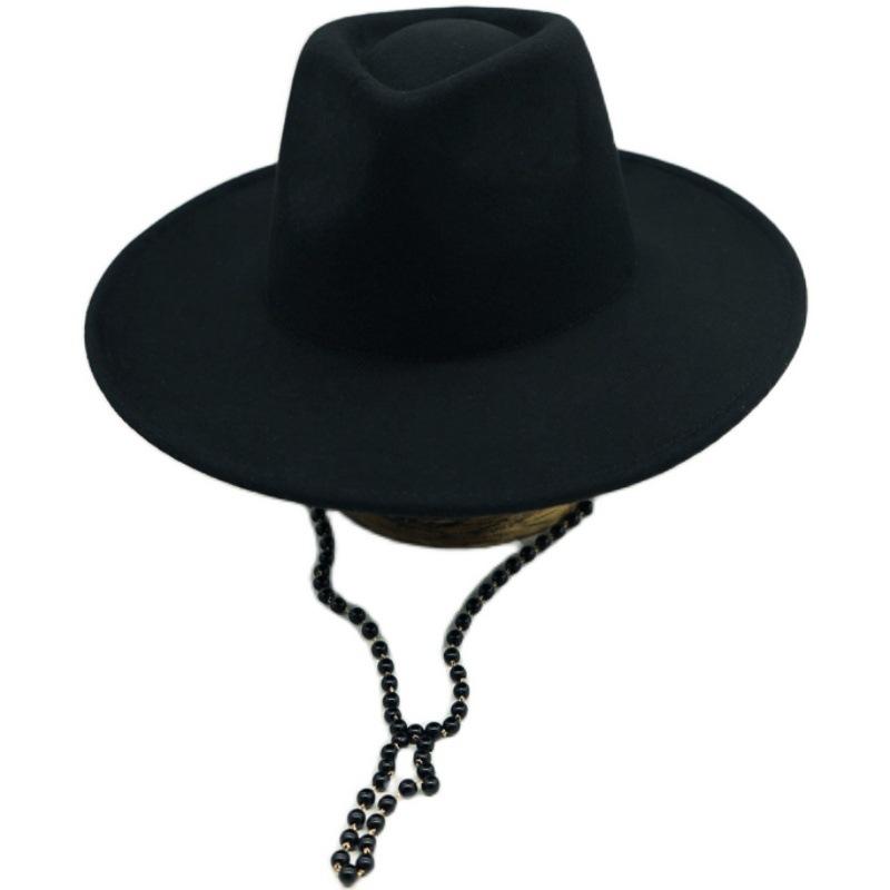 Internet Celebrity With Pearl Chain Celebrity British Retro Black Wool Big Wide Brim Jazz Top Hat Female Autumn And Winter