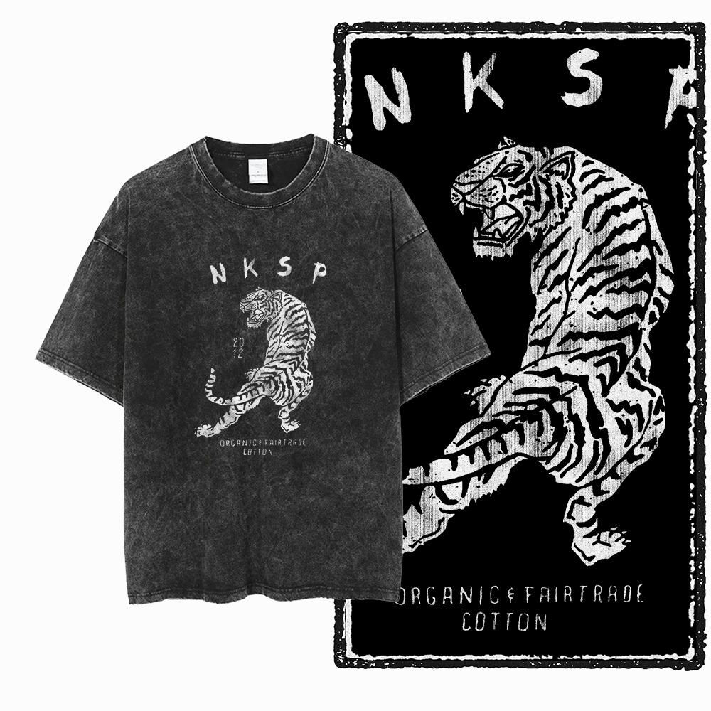 DI TIGER Printed Cotton Acid Washed Exclusive Graphic Unisex T Shirt Cool Vintage Streetwear Men Tshirts Big Size Tee for Men