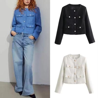 Women Fashion Autumn and Winter New Flip Pocket Jacket Single-breasted Crewneck Tweed Short Coats Chic Ladies Tops