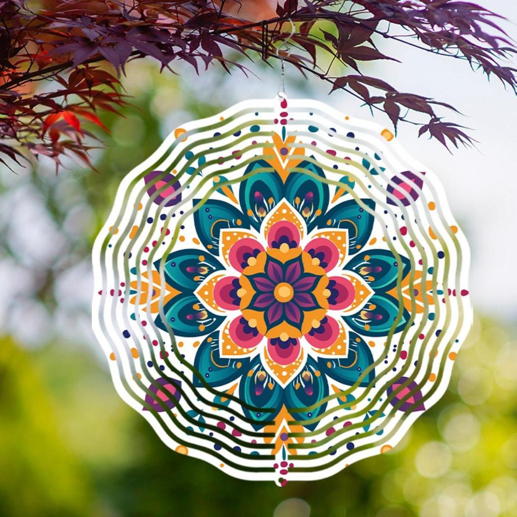 10 Zoll Mandala Windspiel Outdoor Gartendeko mit 360° drehbarem Haken Lebhaftes Metall Hängedesign für Terrasse Rasen Saisongeschenk