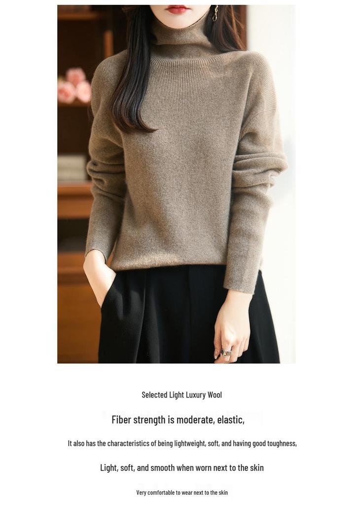 Women's High Neck Ribbed Wool Sweater - Loose Fit Plus Size, Autumn/Winter Knit Base Layer