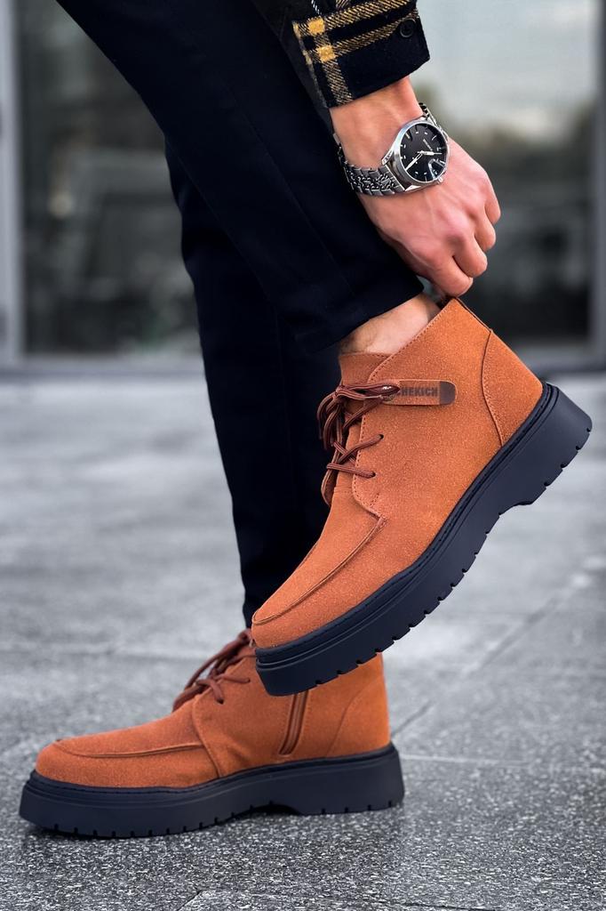 Men's Fashion Faux Leather Flat Heeled Boots Bootie Sst Bryggen Boots Tan Shoes