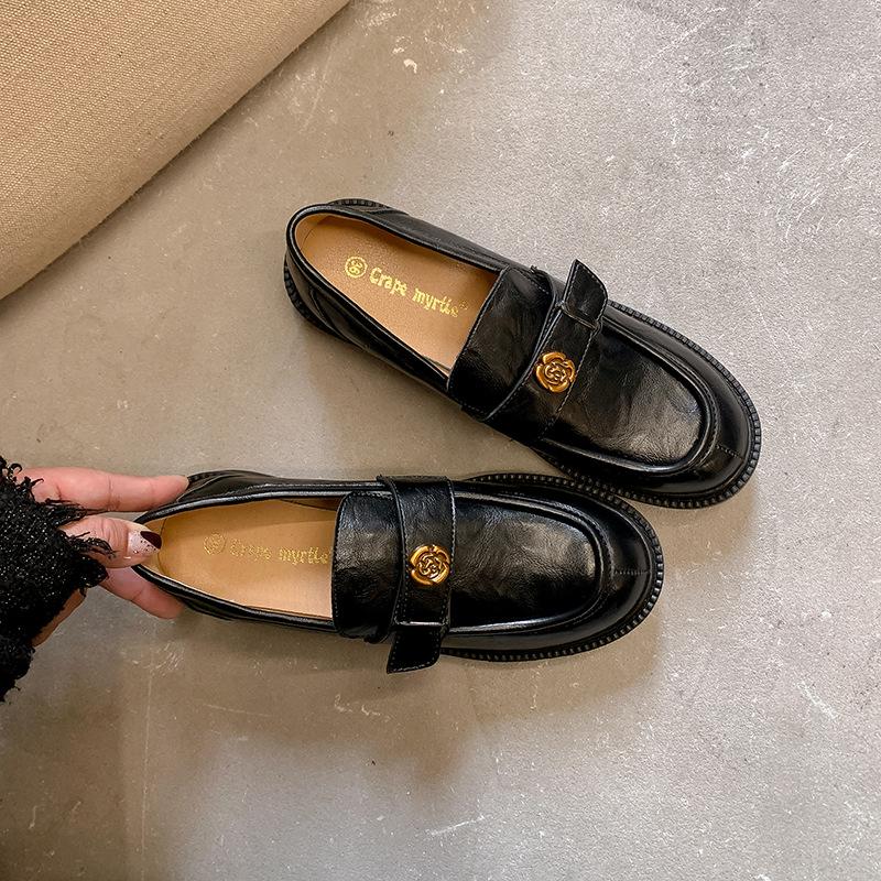 British style loafers women's camellia one-pedal casual single shoes platform retro black small leather shoes retro fashion