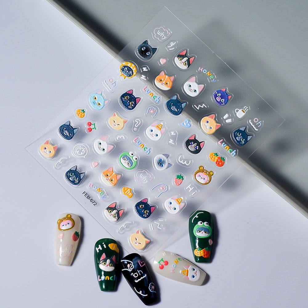 SHEIN Cute Cat Head Nail Stickers for Kids - Adhesive Nail Art Accessories