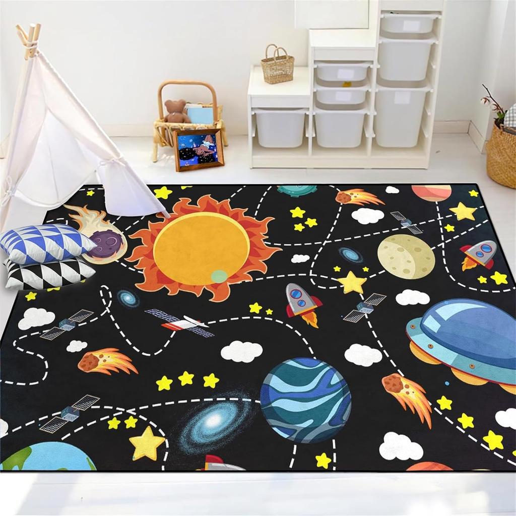 Space Rug - Space Rug for Boys Room Cartoon Solar System Carpet Educational Learning Carpet for Playroom Planet Themed Mat