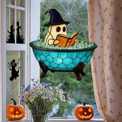 Halloween Reading Ghost Hanging Sign Wooden Bathing Cartoon Ghost Round Sign Indoor Outdoor Porch Door Hanger Wall Hanging Decoration