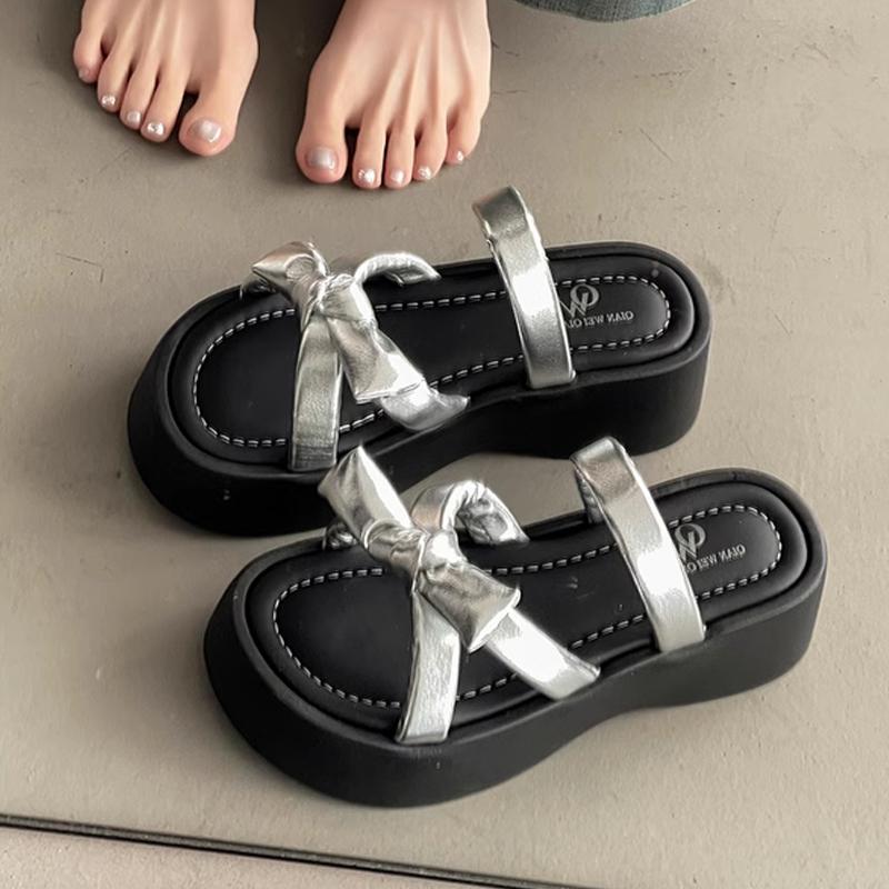 

Fashion Flats Women Slippers Bow Platform Designer Shoes Fashion Dress Summer Woman s Sandals 2025 Casual Slides Luxury Zapatos Mujer 40 серебряный