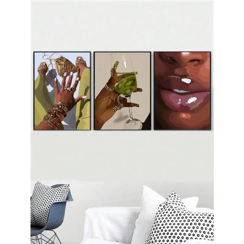 3pcs Bohemian Women Poster Lips Nails Art Green Clothing Gold Jewellery Women Prints Living Room Decorative Artwork Ideal Gift