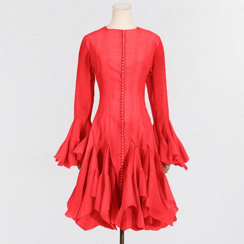 Solid Spliced Button Slimming Dresses for Women O Neck Long Sleeve High Waist Patchwork Ruffles Female Fashion New