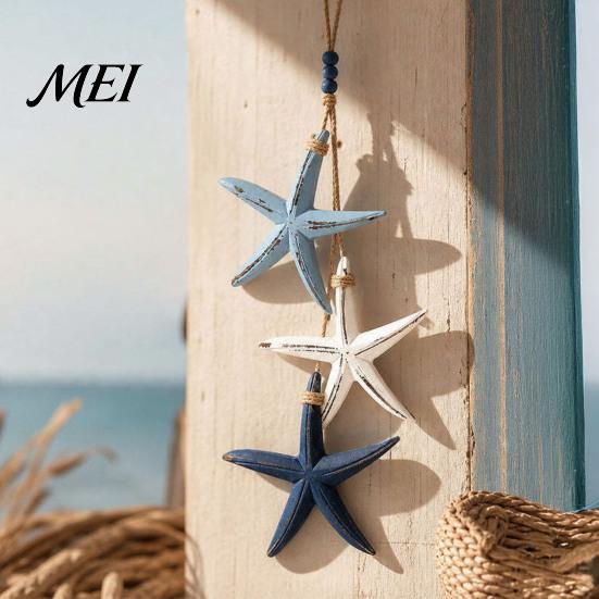 Nautical Hanging Ornaments Lighted Wooden Fish Starfish Wall Decor, Beachy Decor with Warm Coastal LEDs, for Bathroom Porch Beach House Natural