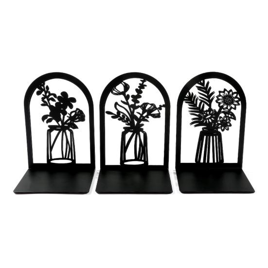 2 Stück Bücherregal-Buchstützen, hohle Blumen, geschnitztes Muster, Vase, Buchstützen, L-förmiges Design, rutschfester Buchhalter