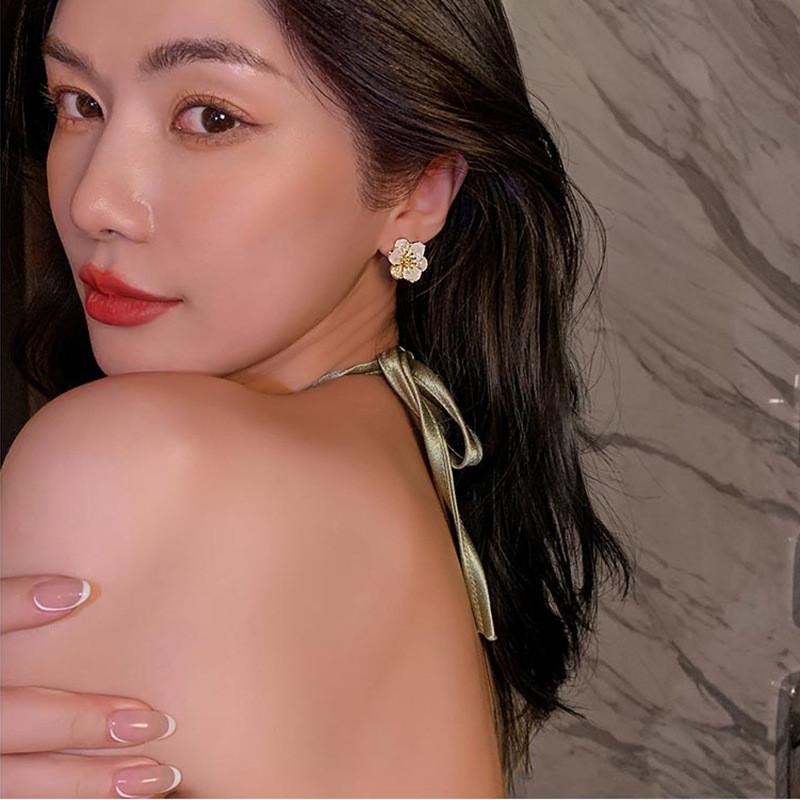 Zircon Glaze Flower Stud Earrings for Women Girl French Ins Vintage Fashion Korean Wedding Romantic Jewelry Gifts