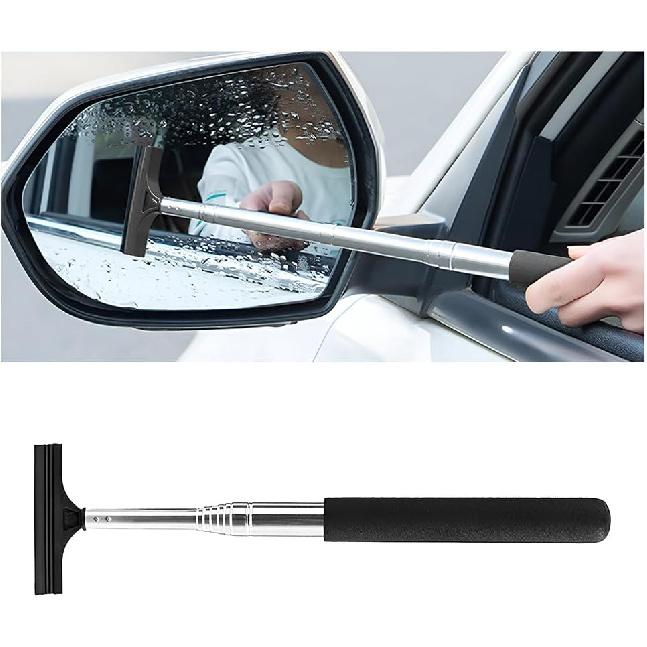 Car Side Mirror Squeegee, Anti-Fog & Water Retractable Vehicle Rearview Mirror Wiper with Telescopic Long Handle, Portable Auto Glass Cleaning Tool,