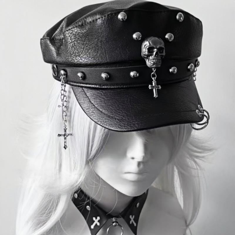 2000s Punk Rivet Studded Cricket Cap With Skull Crossed Decor Beret Hat For Women Western Theme Party Casual Outfit Accessory
