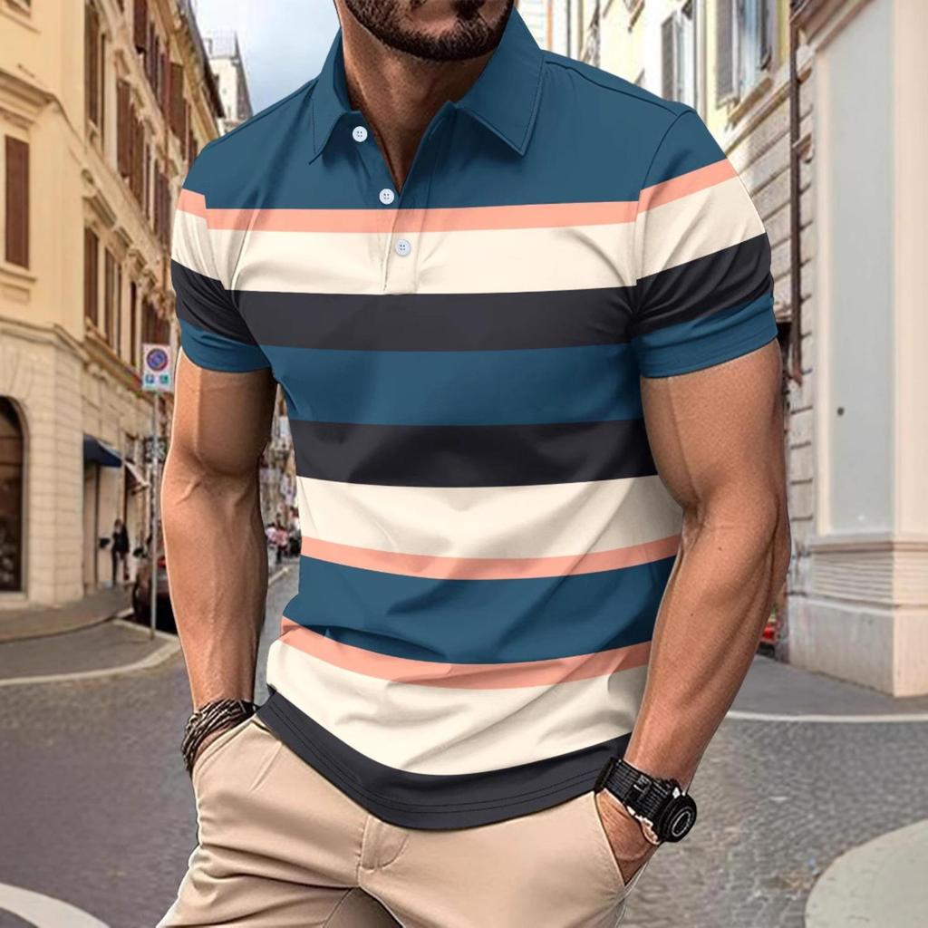 Fashion Men's Casual Polo Shirt V-neck Button Down Business Striped Versatile T-shirt Tops