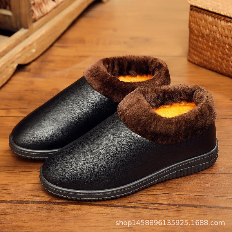 Cotton slippers men s winter non-slip bag heel velvet soft-soled thick-soled PU leather-faced waterproof cotton shoes 39