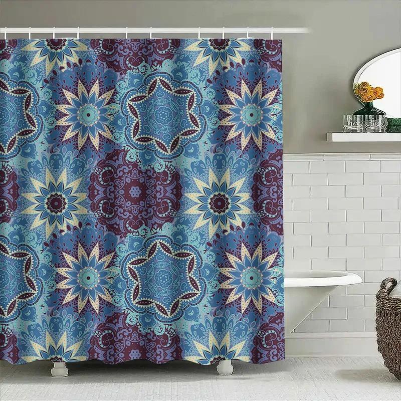 Blue Boho Mandala Bath Shower Curtain Floral Pattern Decorative Rug Mat For Bathroom Polyester Fabric With Hook Loop Holder Ring