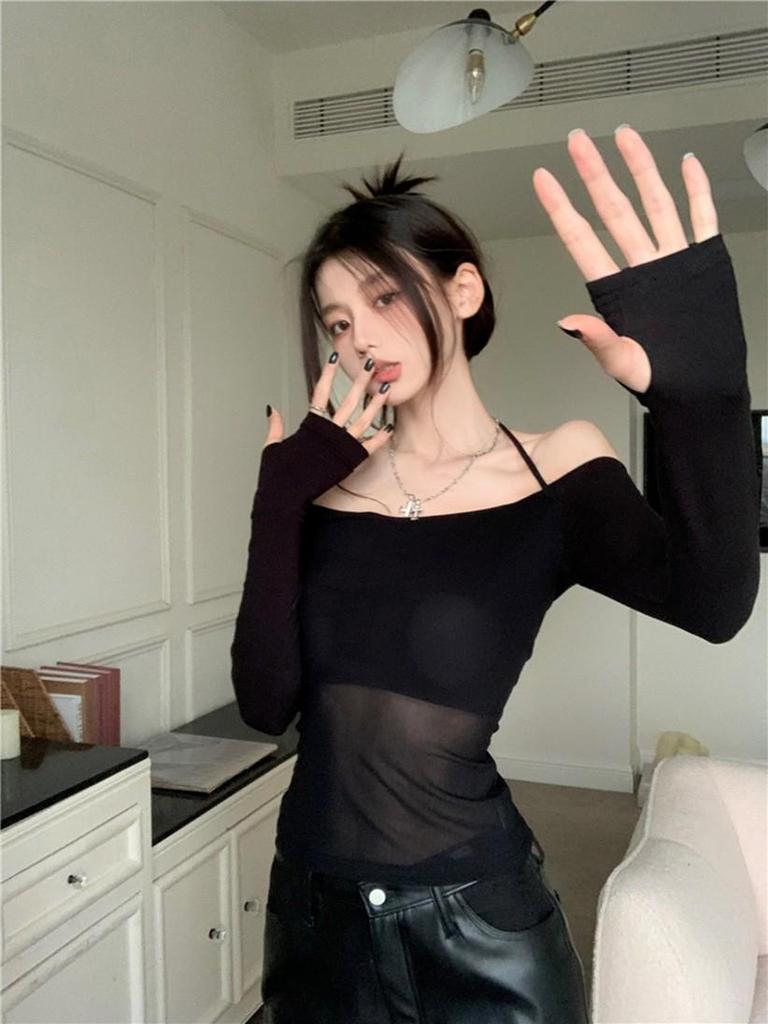 Women's Spicy Girl Mesh One-Shoulder Ice Silk Sun Protection Long Sleeve Halter Top