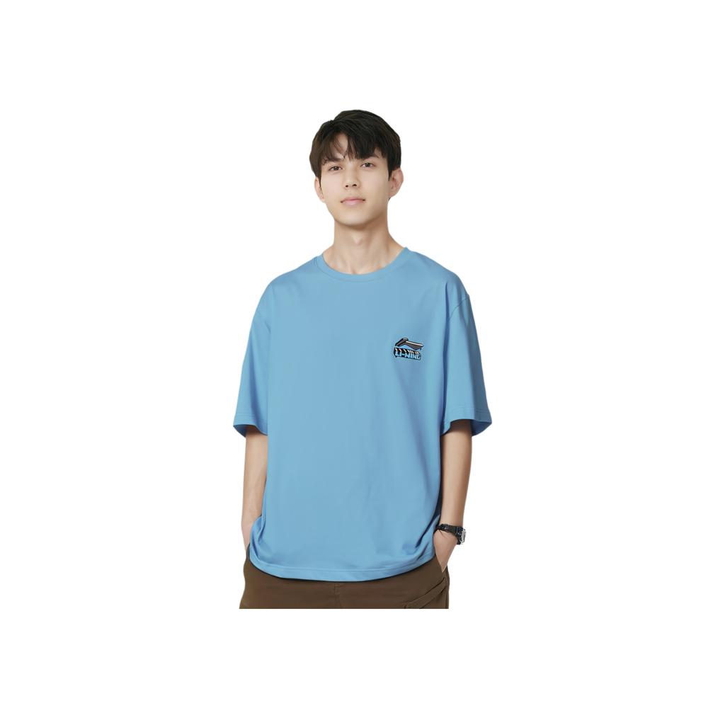 Li-Ning Cartoon Pattern Letter Print Round Neck Short Sleeve T-Shirt Men Tops Ice-Blue AHST179-6