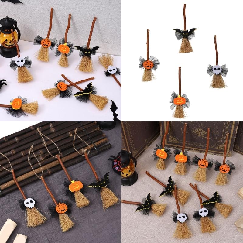 Small Witch Broom with Ghosty/Pumpkin/Bat Halloween Witches Broomstick Hanging Ornaments Halloween Decorations Gift
