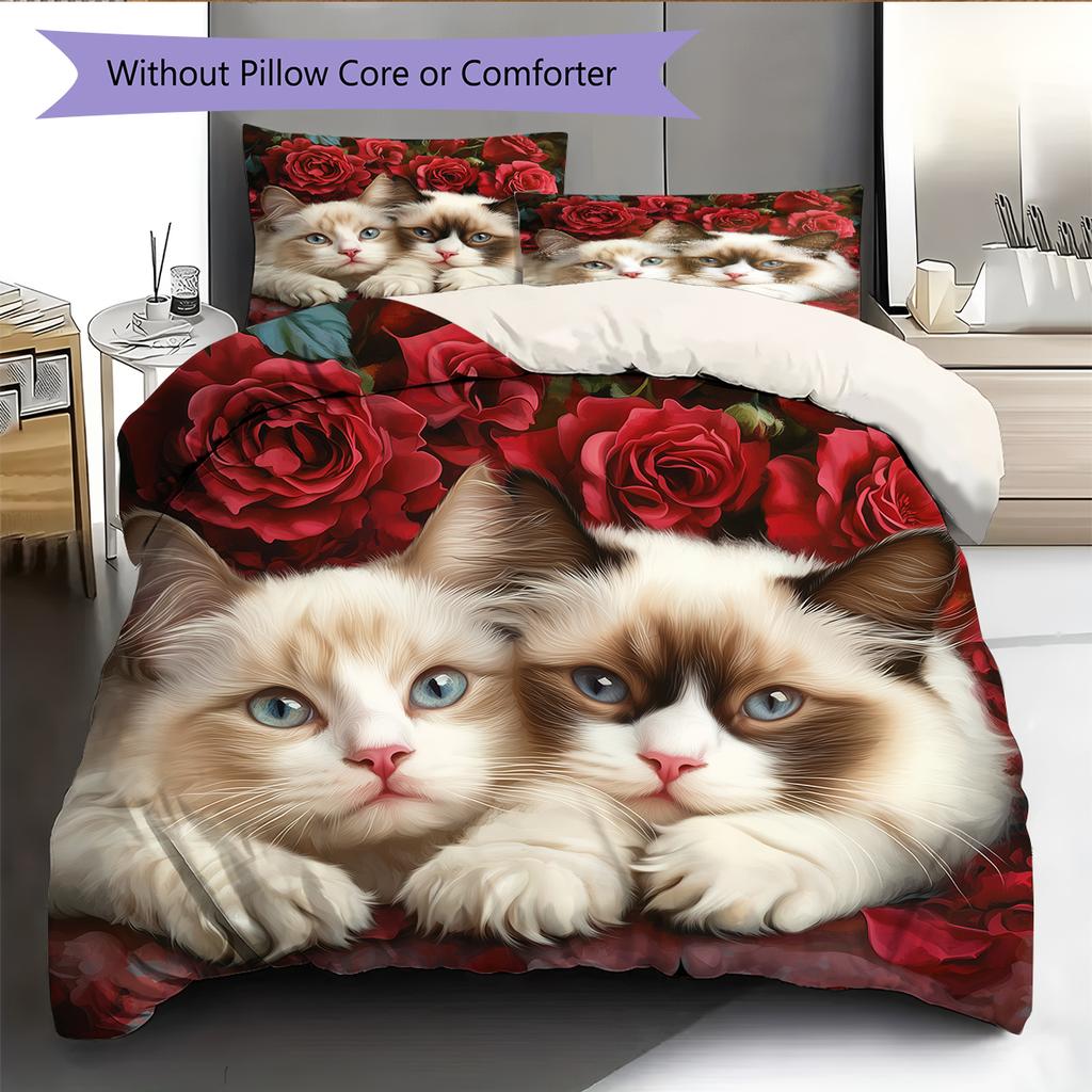 Ragdoll Cat and Rose Pattern Bedding Home Decoration Birthday Gift (1 * Duvet Cover + 2 * Pillowcase, Without Core)