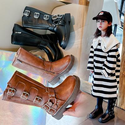 Children's Fashionable Long Tube Boots with Fleece Winter New Style Girls' Side Zipper Black Denim Leather Boots Cotton Boots Trend