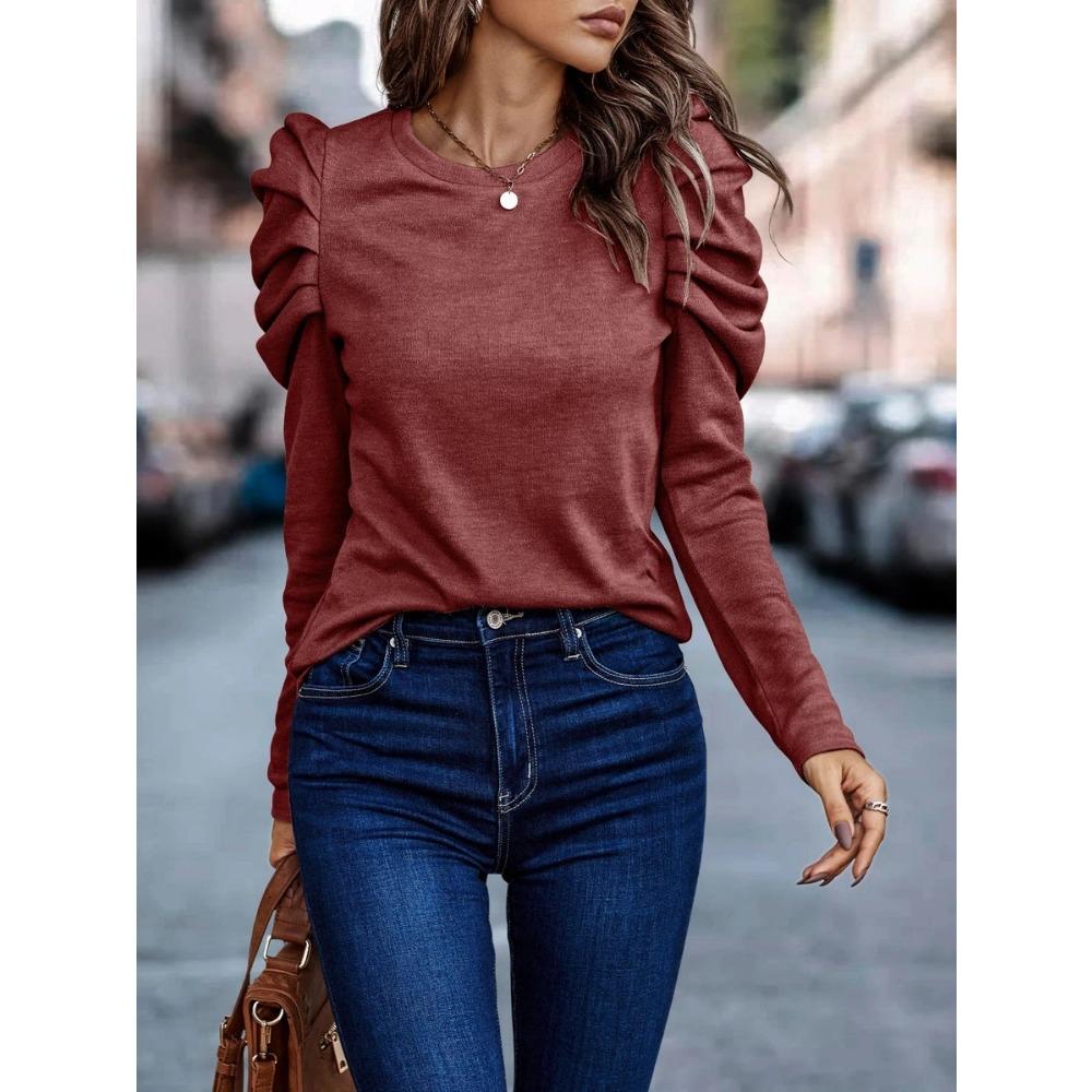 GMXIA Damen Herbst Winter Hochelastischer Kaschmir Rundhals Slim Puffärmel Langarm Oberteil