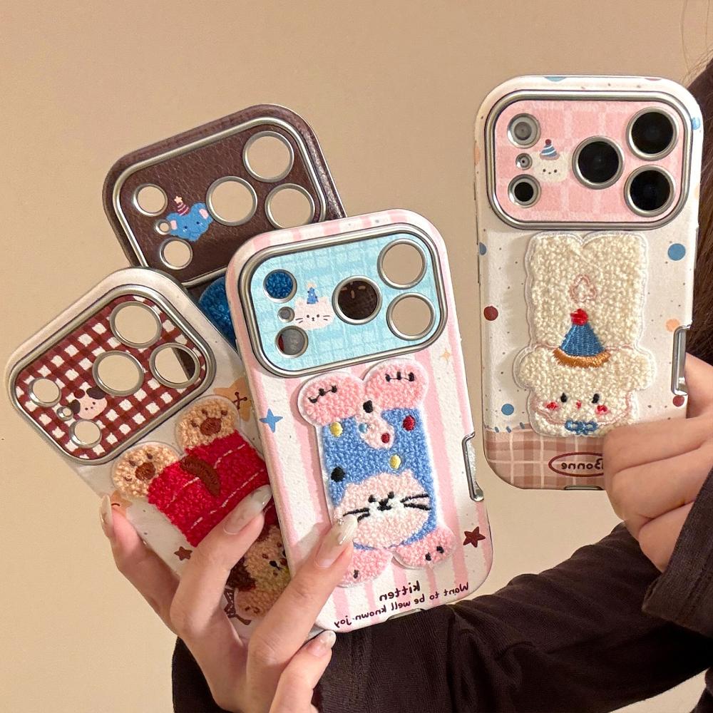 Suitable for Autumn and Winter Iphone17promax Apple 16 Mobile Phone Case 15 Plush Cartoon Animals 13 Leather Mobile Phone Case