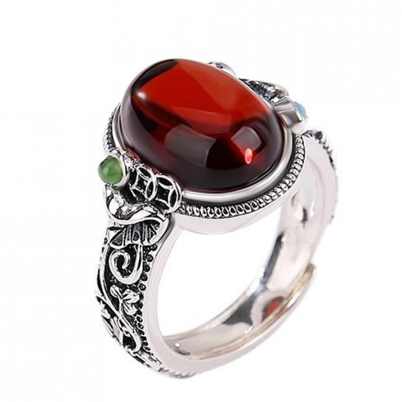Adjustable Vintage Copper Coin Ring With Amber Resin Oval Cabochon Retro Boho Statement Jewelry Women Men