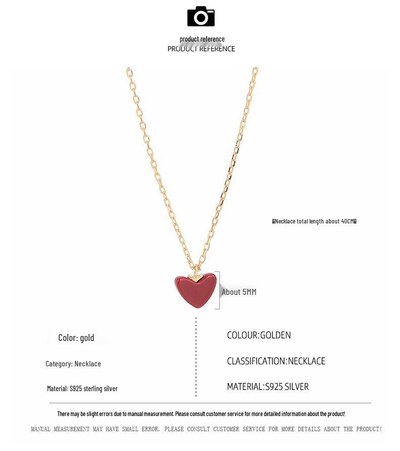 S925 Sterling Silver Minimalist Little Red Heart Necklace - Japanese & Korean Design, Women's Heart Clavicle Chain.