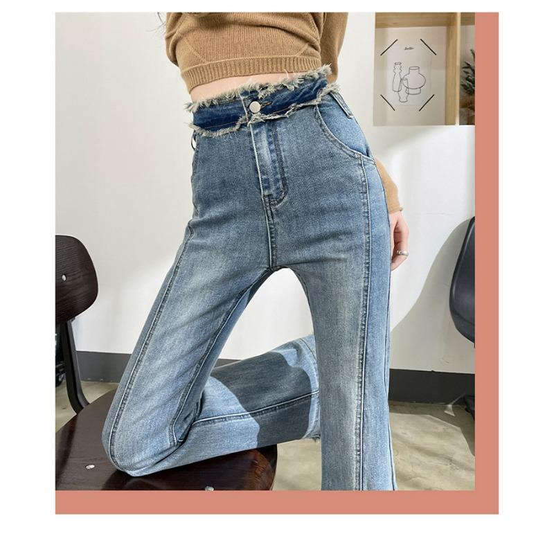 Vår och höst damjeans med hög midja Elastiska smala tunna jeansjeans med breda ben och mikroflare byxor