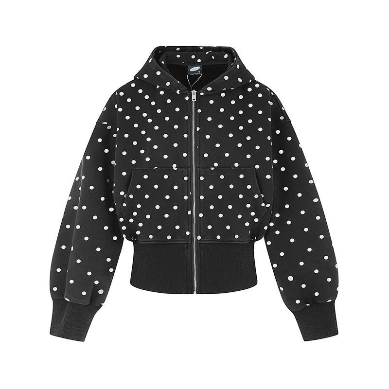 Vintage Polka Dot Hoodie Loose Fit Short Zip Up Cardigan Teens Streetwear